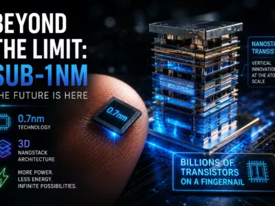 Highly detailed illustration of IBM's 0.7nm semiconductor with 3D nanostack transistors, highlighting the intricate layers and connections.