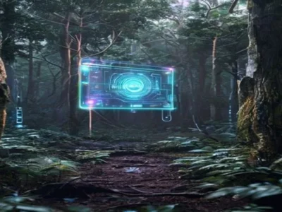 advanced wireless sensors in a dense, remote forest, subtly integrated into trees, transmitting data to a central AI interfac