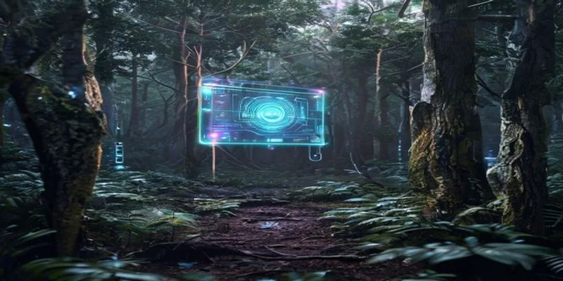 advanced wireless sensors in a dense, remote forest, subtly integrated into trees, transmitting data to a central AI interfac