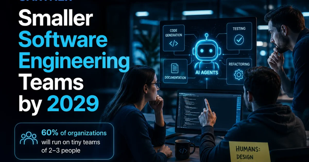 three developers analyzing architecture on monitor — Gartner: Smaller Software Engineering Teams by 2029