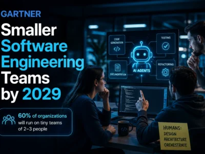 three developers analyzing architecture on monitor — Gartner: Smaller Software Engineering Teams by 2029