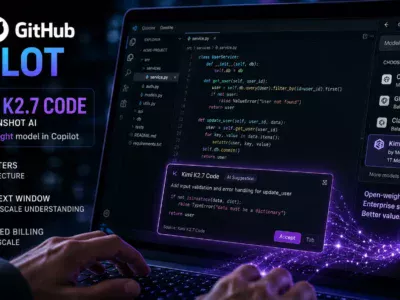 Developer typing code on a sleek laptop screen, representing the integration of Kimi K2.7 Code into GitHub Copilot